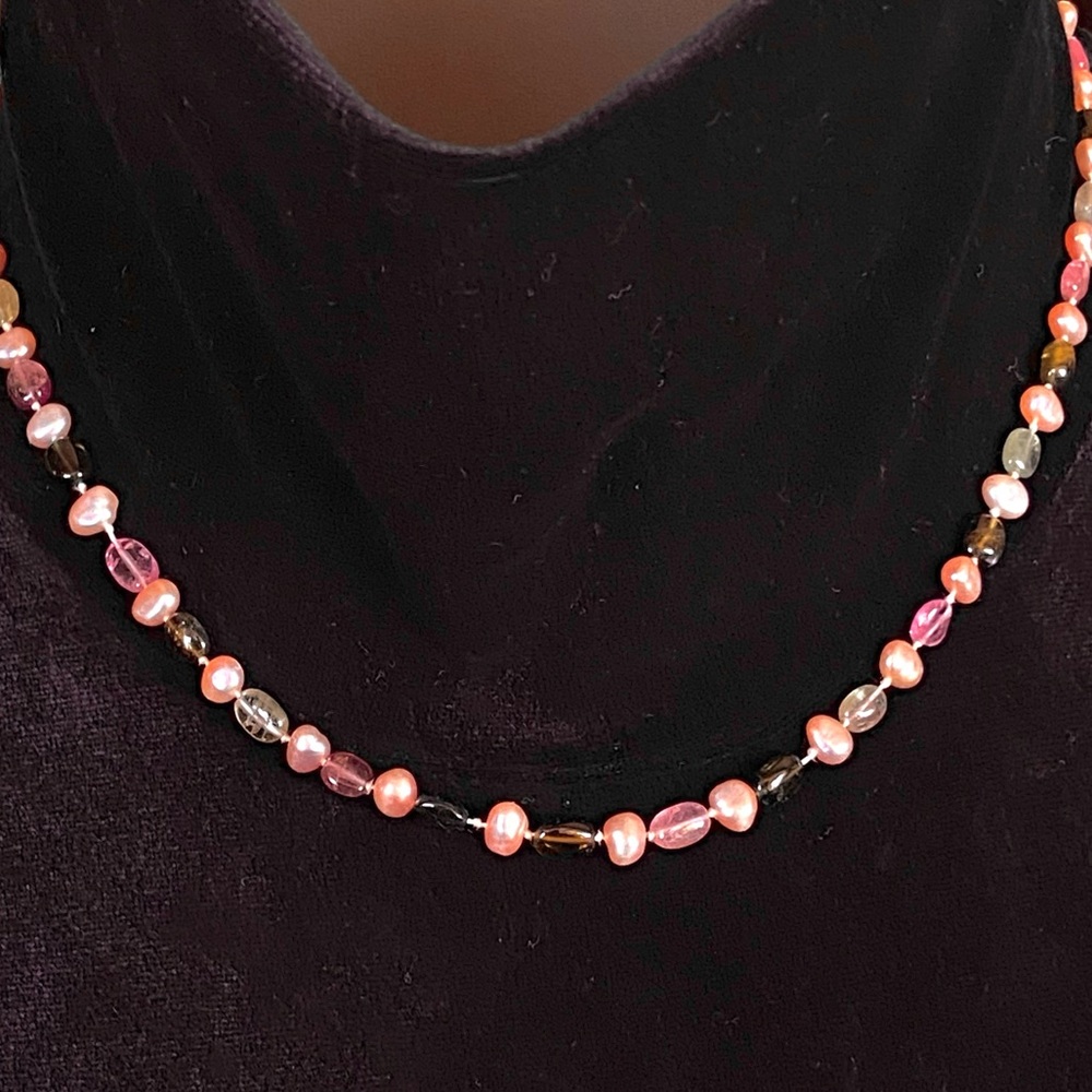 Pink Green Tourmaline, Pink Pearl Necklace Feminine Adult or Child Like New 16”